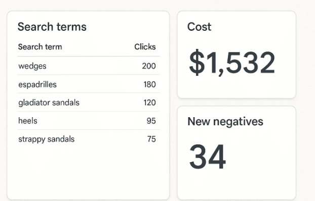 What reporting setup helps you find new negative keywords every week?